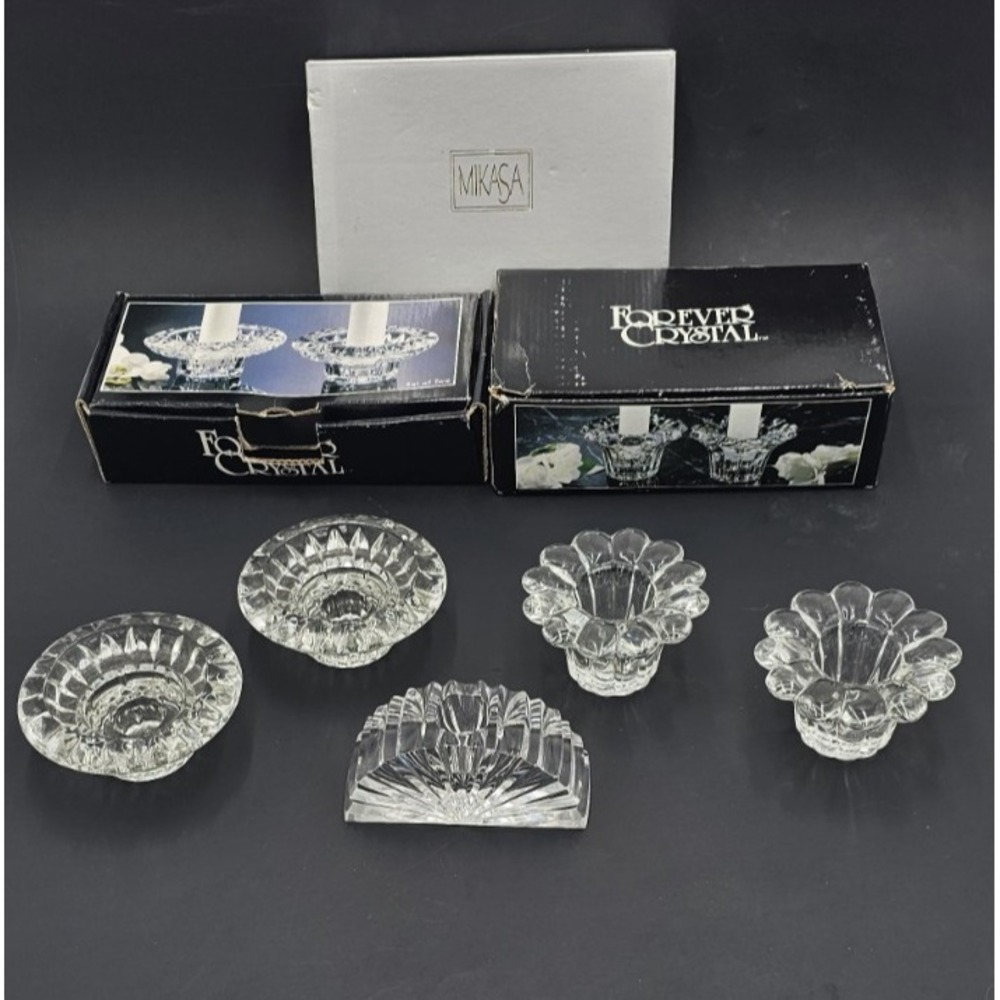 Forever & Mikasa Crystal Candle Taper Votive Holders Clear Glass Distressed Box